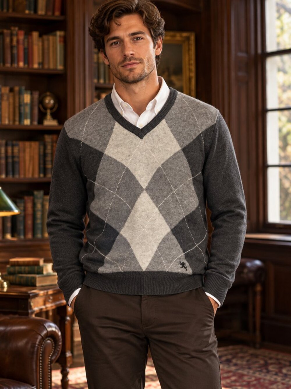 Express Y2K Men's Lambswool Argyle V Neck Sweater M Gray Preppy Ivy Grandpacore